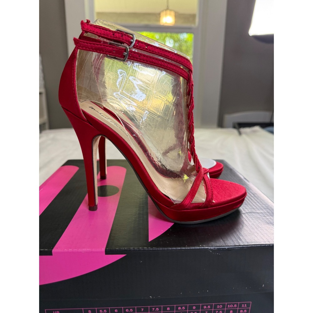 Michael Antonio Tenga-Sat Red Satin Braided T-Strap Platform Stiletto Heels 5.5